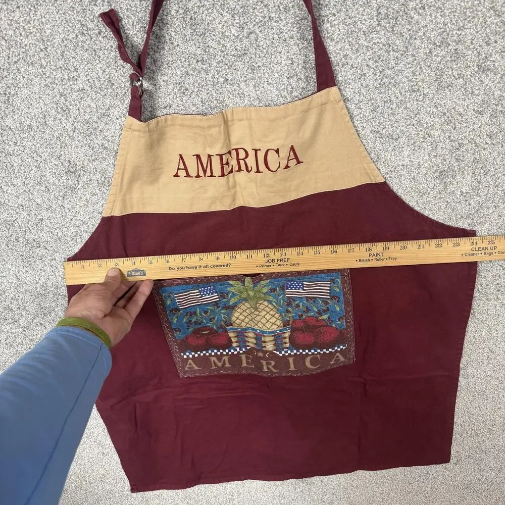 Vtg Y2K Bib Apron One Size Red Tan Americana Country Farmhouse Kitchen Folk Art